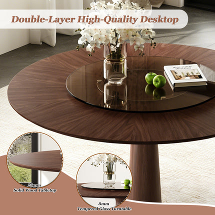 Round Solid Wood Dining Table with Tempered Glass Lazy Susan – Pedestal Base Kitchen Table for Modern Dining Rooms