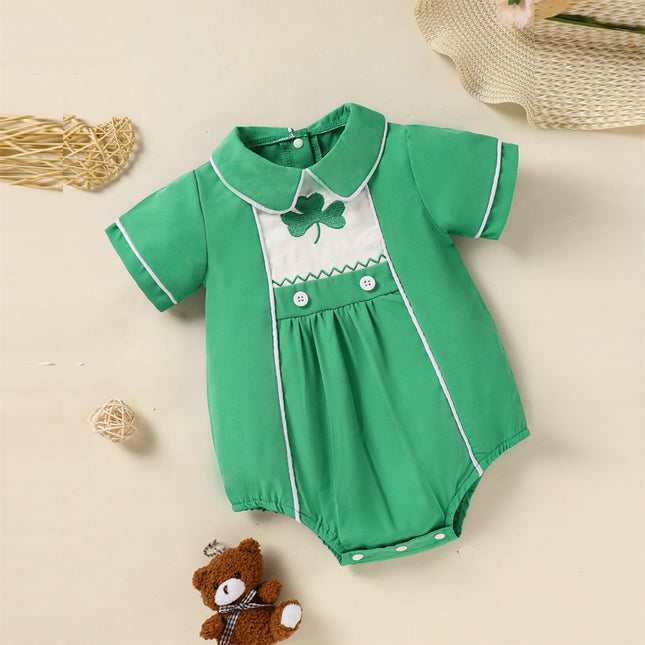 Baby Boy St. Patrick's Day Polo Romper – Green Lapel Short Sleeve Clover Print Playsuit – Lucky Charm Button-Down Bodysuit