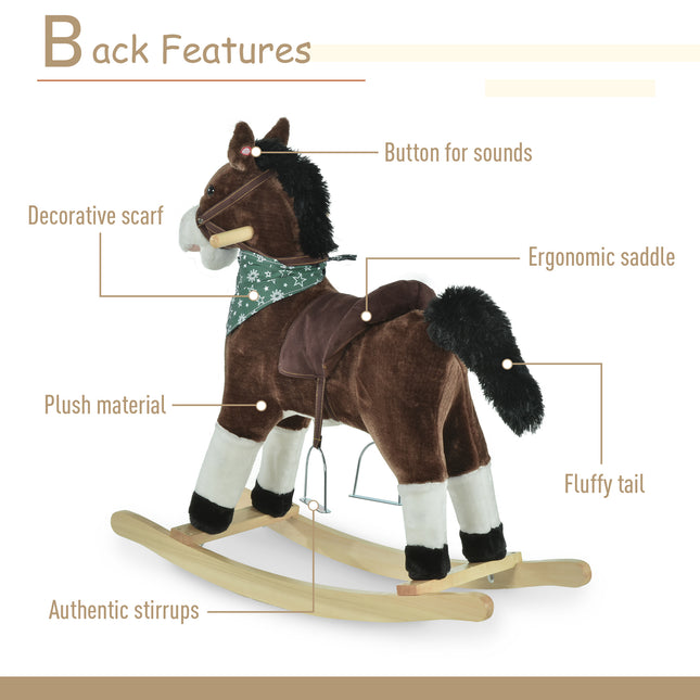 Plush Cowboy Rocking Horse – Wooden Ride-On Toy with Realistic Neighing & Galloping Sounds – Soft Brown Pony for Toddlers 3-6 Years