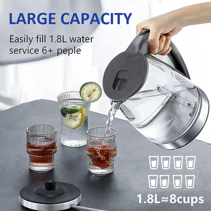 ProSafety™ Electric Water Kettle – 1.8L High-Capacity Glass Boiler – Cordless Base with 360° Swivel – BPA-Free Fast Heating Kettle