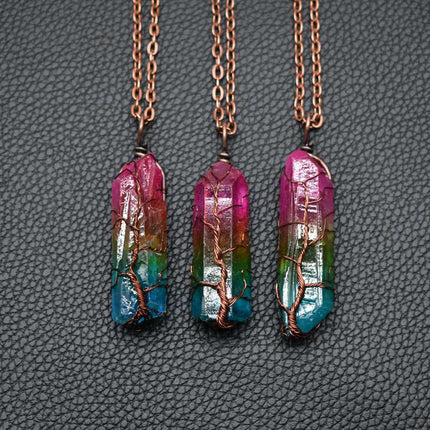 Natural Crystal Pillar Tree of Life Pendant – Hand-Wrapped Wire Stone Necklace – Spiritual Healing Jewelry for Women