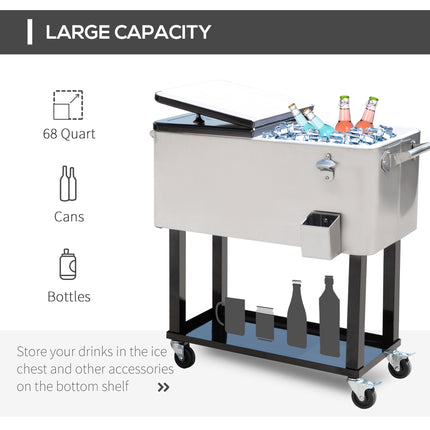 80 QT Rolling Outdoor Cooler Cart – Portable Ice Chest on Wheels – Insulated Drink Bin with Bottle Opener & Storage Shelf – Silver