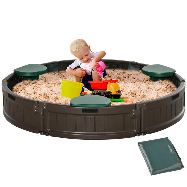 Kids Outdoor Sandbox with Protective Cover – Large Round Sand Pit for Backyard – Easy Assembly Garden Play Area – Brown, 48.5" x 48.5"