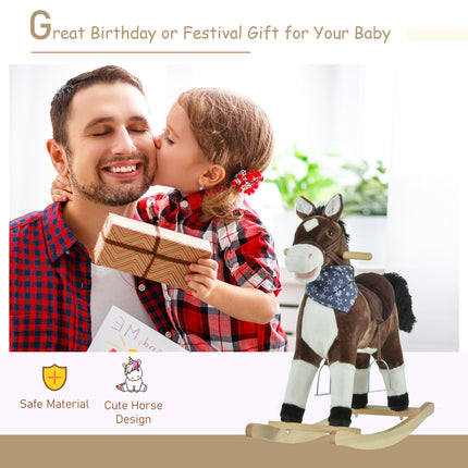 Plush Cowboy Rocking Horse – Wooden Ride-On Toy with Realistic Neighing & Galloping Sounds – Soft Brown Pony for Toddlers 3-6 Years