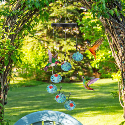 2-in-1 Wind Chime Hummingbird Feeder – Hanging Outdoor Bird Feeder with Bee and Ant Guard – Decorative Garden & Patio Art