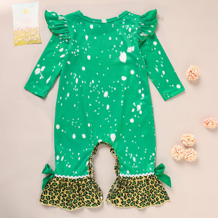 Baby Girl St. Patrick’s Day Flare Romper – Green Clover & Leopard Print Jumpsuit – Ruffle Sleeve Bell Bottom Onesie