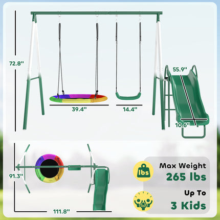 Metal Swing Set with Slide and Saucer Swing – Heavy-Duty A-Frame Stand – Adjustable Rope Outdoor Playset for Backyard – Dark Green