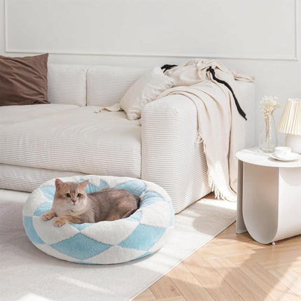 Mewoofun Donut Cat Bed – 23-Inch Calming Round Pet Bed – Blue Check Jacquard Shaggy Plush Bed for Indoor Cats & Small Dogs