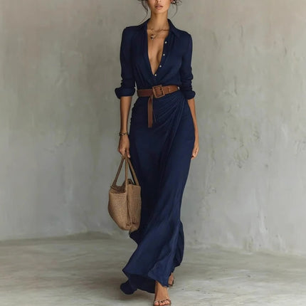 Women's Asymmetric Belted Shirt Dress – Elegant Button-Down Long Sleeve Midi Dress for Office Commuting & Chic Outfits