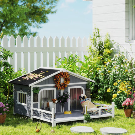 Luxury Double-Room Wooden Dog House with Porch – Openable Roof & Removable Floor – Weatherproof Outdoor Kennel for 2 Small/Medium Dogs (Gray)