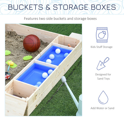 Kids Wooden Sandbox with 2 Storage Boxes – Foldable Bench Seats & Waterproof Cover – Outdoor Sandpit with Bottom Liner – Premium Backyard Playset