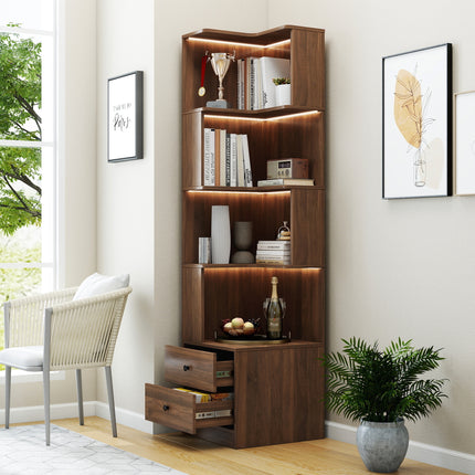 Walnut Corner Bookshelf with LED Lights – 4-Tier L-Shaped Display Stand with Drawers for Living Room & Home Office