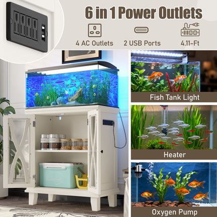 20 Gallon Fish Tank Stand with Built-in Power Outlets – Farmhouse Decorative Aquarium Cabinet with Storage – 4 AC & 2 USB Ports – Beige Pet Habitat Furniture