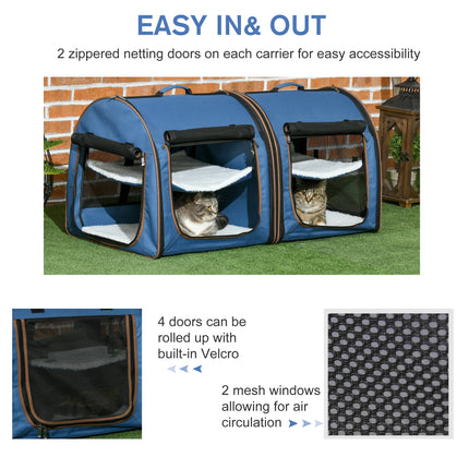 39" Portable Double Cat Carrier – Extra Large Two-Compartment Travel Crate with Divider – Foldable Soft-Sided Dog Kennel with Plush Cushions (Blue)