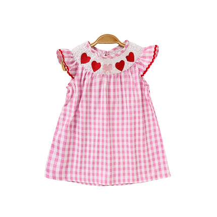 Baby Girl Valentine's Day Smocked Dress – Pink Plaid Heart Embroidery Party Outfit – Ruffle Sleeve Vintage Style Holiday Dress