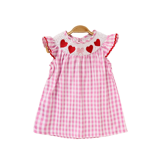 Baby Girl Valentine's Day Smocked Dress – Pink Plaid Heart Embroidery Party Outfit – Ruffle Sleeve Vintage Style Holiday Dress