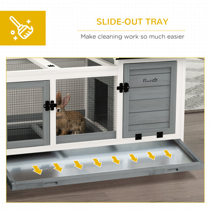 Wooden Rabbit Hutch with Rolling Wheels – 2-Tier Small Animal Habitat with Run & Slide-Out Tray – Blue & White Indoor/Outdoor Bunny House