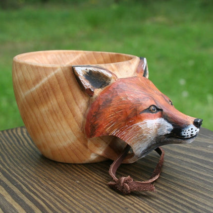 Hand-Carved Scandinavian Kuksa Wooden Mug – Traditional Guksi Camping Cup – Authentic Nordic Wood Coffee Mug with Animal Carvings