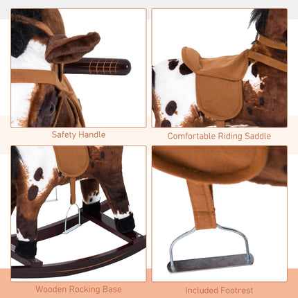 Kids Plush Rocking Horse Chair – Wooden Ride-On Toy with High Back Support & Realistic Sounds – For Toddlers 18-36 Months (Dark Brown/White)