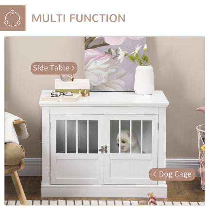 Furniture Style Dog Crate End Table – Wooden Pet Kennel with Triple Doors – White Decorative Dog House for Small Dogs – Multi-Functional Side Table