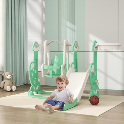 4-in-1 Toddler Slide and Swing Set – Indoor & Outdoor Playground with Climber & Basketball Hoop – Safe Activity Center for Ages 1.5-4 (Green)