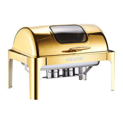 Luxury 9QT Gold-Accented Chafing Dish Set – Stainless Steel Roll Top Buffet Server with Full Size Pan
