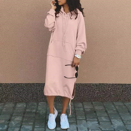 Women's Mid-Length Drawstring Hoodie Dress – Cozy Long-Sleeve Sweatshirt with Pocket for Casual Loungewear