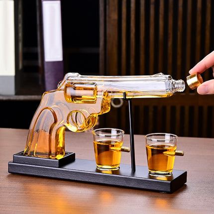 Luxury Whiskey Gun Decanter Set with Mahogany Wooden Stand – 2 Bullet Embedded Glasses – Unique Pistol Liquor Dispenser Gift for Dad, Husband & Men