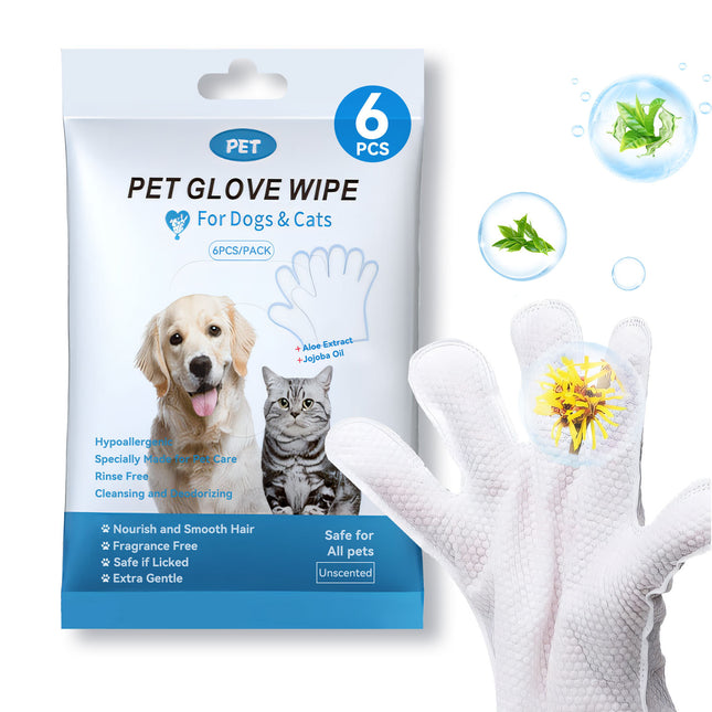 Rinse-Free Pet Grooming Glove Wipes – 6pcs Deodorizing Bathing Gloves for Dogs & Cats – No-Rinse Body & Paw Cleaning Wipes for Travel & Daily Care