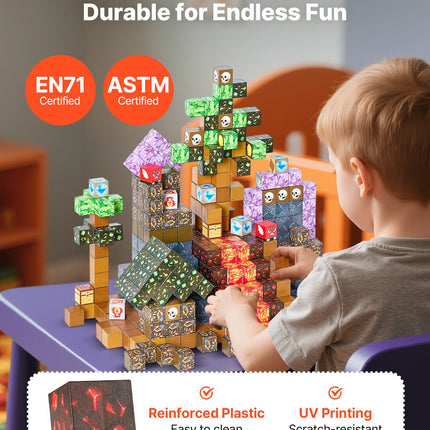 AuraBlocks™ 150 Pcs Magnetic Blocks Dark Castle Set – Glow-in-the-Dark Style Building Tiles – STEM Montessori Sensory Toys for Kids – Creative Architecture Playset