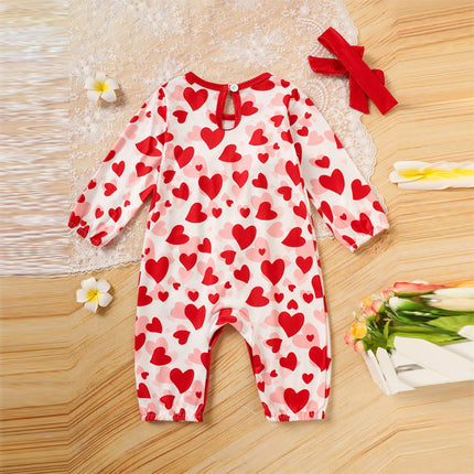 Baby Girl Valentine's Day Romper – Heart Print Long Sleeve Bodysuit with Ruffle Trim & Bow – Sweetheart Holiday Outfit
