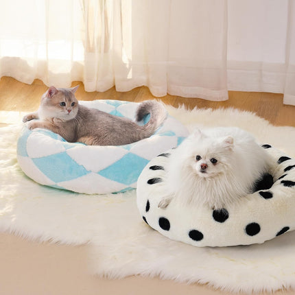 Mewoofun Donut Cat Bed – 23-Inch Calming Round Pet Bed – Blue Check Jacquard Shaggy Plush Bed for Indoor Cats & Small Dogs