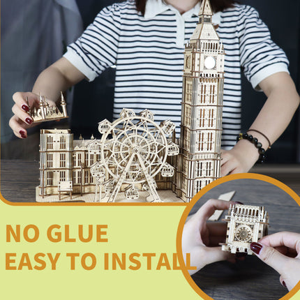Big Ben 3D wooden puzzle model arranged as a desktop display