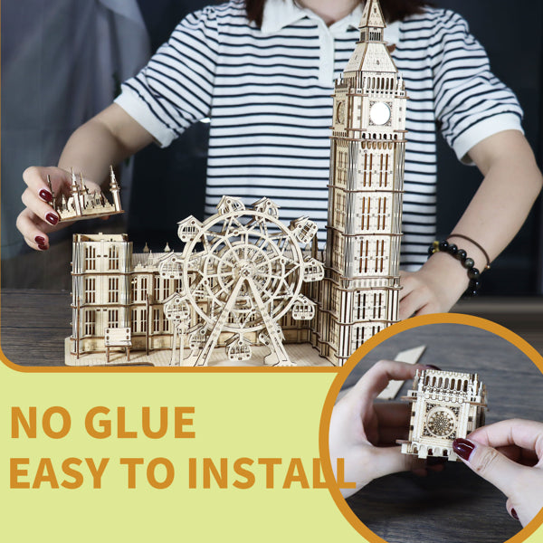 Big Ben 3D wooden puzzle model arranged as a desktop display
