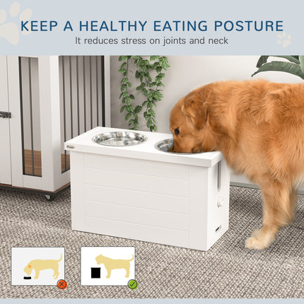 Elevated Dog Feeder Station with Storage Cabinet – 3 Stainless Steel Bowls & Slow Feeder Mat – Furniture-Style Raised Bowls for Large & Extra Large Dogs (White)