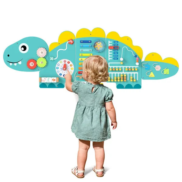 11-in-1 Dinosaur Activity Wall Panels – 3-Piece Wooden Sensory Busy Board – Montessori Wall Toy with Gears, Maze & Music for Toddlers