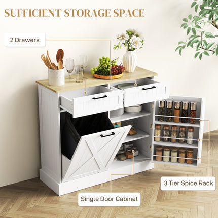 White Farmhouse Tilt-Out Trash Can Cabinet – 10 Gallon Hidden Waste Bin Holder – Modern Wooden Kitchen Island with 2 Storage Drawers
