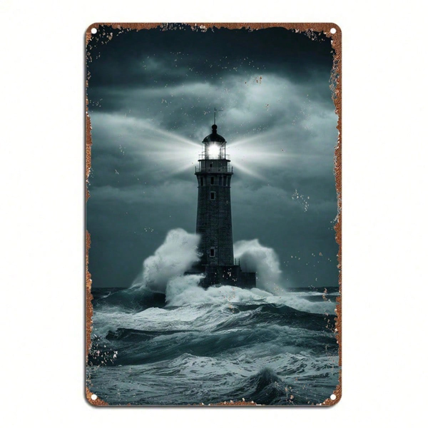 Vintage Nautical Lighthouse Metal Sign for Coastal Wall Decor