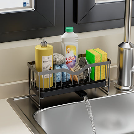 Stainless Steel Kitchen Sink Caddy – Multi-Functional Sponge Holder with Removable Drain Tray & Dishcloth Hanging Bar