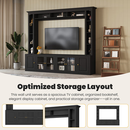 4-Piece Modern Entertainment Center Wall Unit – 92" Large TV Stand for TVs up to 80" – All-in-1 Media Console with Bookshelves & Tempered Glass Doors