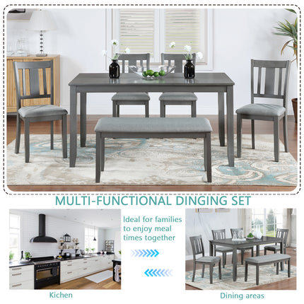 6-Piece Solid Wood Dining Table Set – Elegant Rectangular Table with 4 Upholstered Chairs and Bench for Family Gatherings