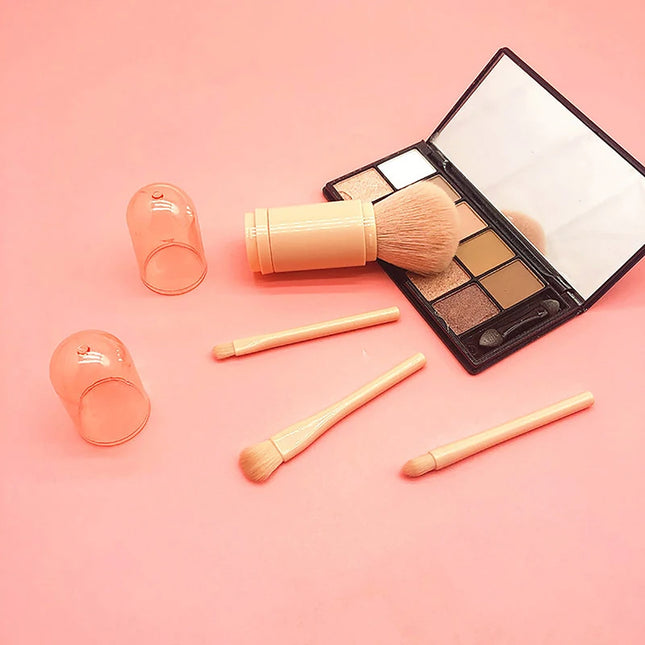 4-in-1 Portable Makeup Brush Set – Compact Multi-Functional Beauty Brushes with Protective Caps for Travel & Touch-Ups