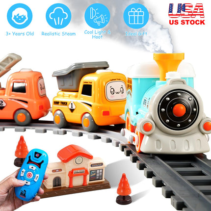 Electric Remote Control Train Set for Kids – Realistic Smoke, Lights & Sound – Magnetic Connection Locomotive with 3 Carriages – Classic Railway Toy Gift