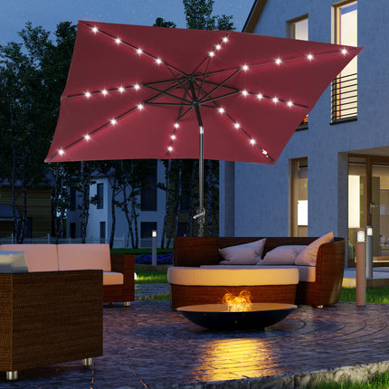 9x7ft Solar Powered LED Lighted Patio Umbrella – Rectangular Outdoor Sunshade with Tilt & Crank – Wine Red Parasol for Garden, Deck & Poolside