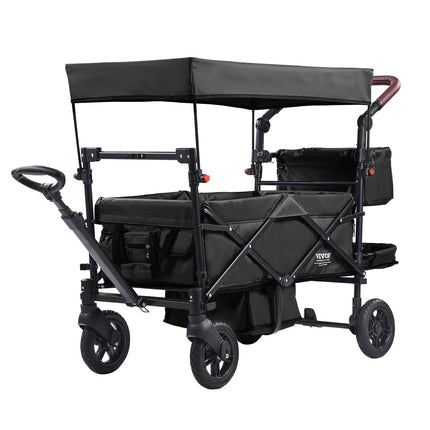 2-Seater Premium Wagon Stroller – Push/Pull Multi-Function Child Wagon – Collapsible Double Stroller with Adjustable Handle & Canopy – Black