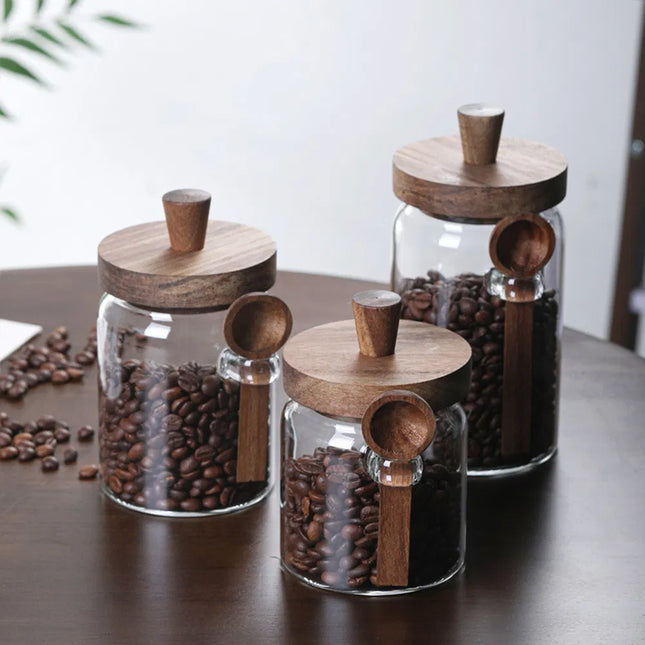 Clear Glass Food Storage Jars (3 Pack) – Built-in Serving Spoons & Natural Bamboo Lids – Perfect for Sugar, Tea & Seasoning