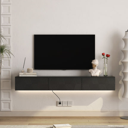 RGB LED Floating TV Cabinet in Glossy Black – Wall Hanging Gaming Media Stand – Modern Minimalist Entertainment Unit with Remote Control