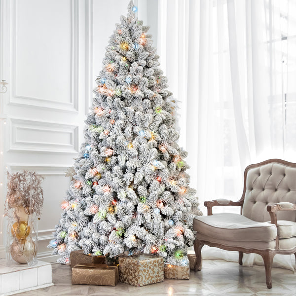 6ft Pre-Lit Flocked Artificial Christmas Tree – 350 Colorful LED Lights & Pine Cones for Festive Holiday Home Decor
