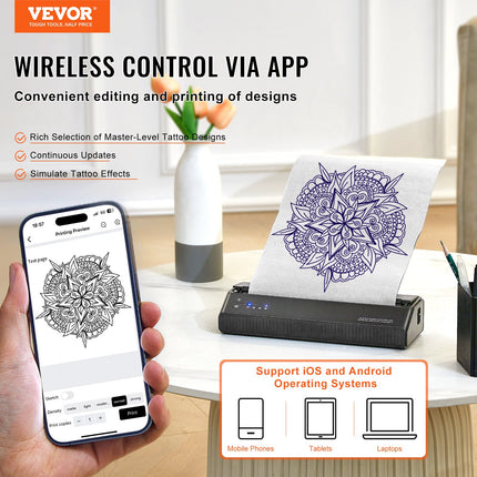 VEVOR Wireless Tattoo Stencil Printer – Bluetooth Tattoo Transfer Machine – Portable Stencil Maker Compatible with iOS, Android & PC – Includes 10pcs Transfer Paper