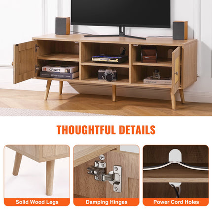 55" Rattan TV Stand – Boho-Chic Entertainment Center with Natural Rattan Doors – Mid-Century Modern Media Console for Living Room